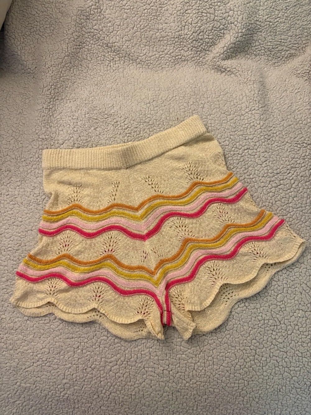 Cream Knit/Crotchet Wave-Trim Shorts with Pink & Yellow Stripes